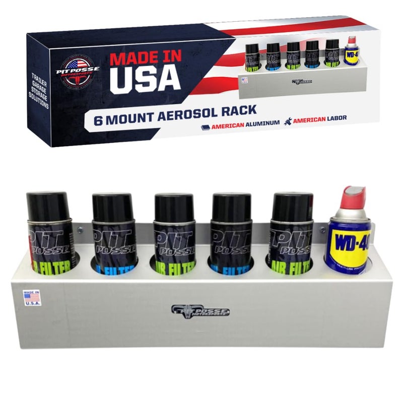Pit Posse 302 Six Bottle Aerosol Spray Can Rack Shelf Holder 23" Caddy - Made in USA - Enclosed Race Trailer Garage Shop Storage Organizer Aluminum Storage Universal Mounting 5 Year Warranty (Silver) - Image 1